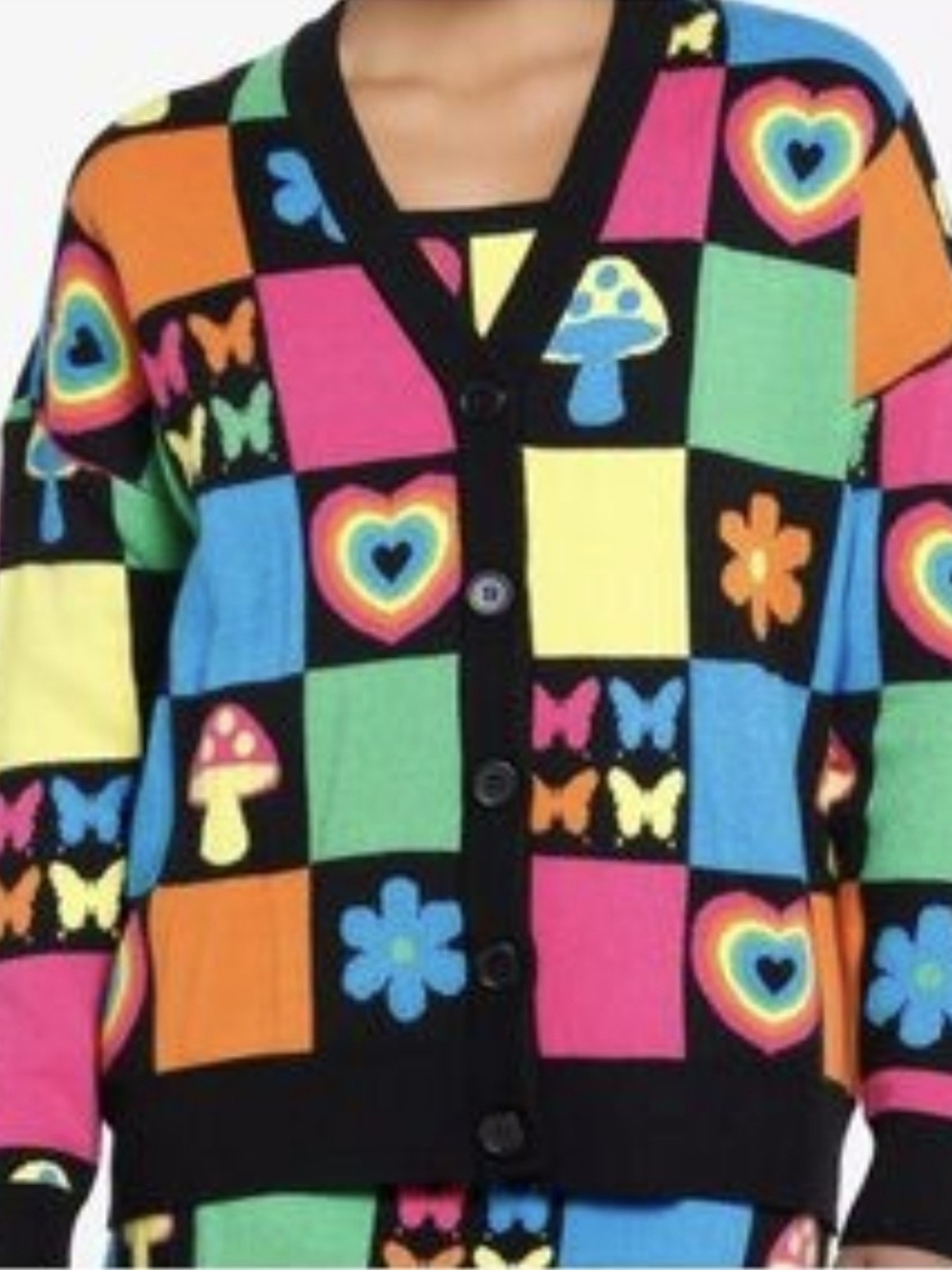 Womenโs Multicolor Checkerboard Button Cardigan Sweater